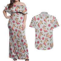 Gray Paniolo Palaka Hawaiian Cowgirl Christmas Couples Matching Off Shoulder Maxi Dress and Hawaiian Shirt LT9 Gray - Polynesian Pride