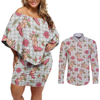 Gray Paniolo Palaka Hawaiian Cowgirl Christmas Couples Matching Off Shoulder Short Dress and Long Sleeve Button Shirt LT9 Gray - Polynesian Pride