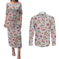 Gray Paniolo Palaka Hawaiian Cowgirl Christmas Couples Matching Puletasi and Long Sleeve Button Shirt - Polynesian Pride