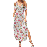 Gray Paniolo Palaka Hawaiian Cowgirl Christmas Family Matching Summer Maxi Dress and Hawaiian Shirt LT9 Mom's Dress Gray - Polynesian Pride