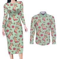 Green Paniolo Palaka Hawaiian Cowgirl Christmas Couples Matching Long Sleeve Bodycon Dress and Long Sleeve Button Shirt LT9 Green - Polynesian Pride