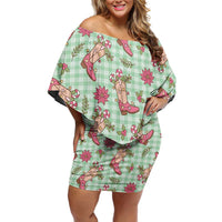 Green Paniolo Palaka Hawaiian Cowgirl Christmas Family Matching Off Shoulder Short Dress and Hawaiian Shirt LT9 Mom's Dress Green - Polynesian Pride