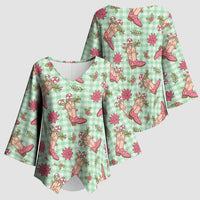 Green Paniolo Palaka Hawaiian Cowgirl Christmas Kimono Sleeve Blouse LT9 - Polynesian Pride