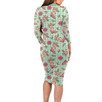 Green Paniolo Palaka Hawaiian Cowgirl Christmas Long Sleeve Bodycon Dress - Polynesian Pride