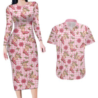 Pink Paniolo Palaka Hawaiian Cowgirl Christmas Couples Matching Long Sleeve Bodycon Dress and Hawaiian Shirt LT9 Pink - Polynesian Pride