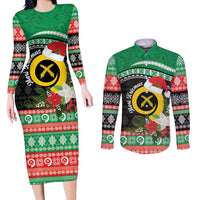 Vanuatu Pig's Tusk Meri Krismas! Couples Matching Long Sleeve Bodycon Dress and Long Sleeve Button Shirt Vanuatuan Sand Drawing Pattern LT9 Green - Polynesian Pride