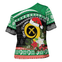 Vanuatu Pig's Tusk Meri Krismas! Cross Shoulder Shirt Vanuatuan Sand Drawing Pattern - Polynesian Pride