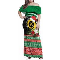 Vanuatu Pig's Tusk Meri Krismas! Family Matching Off Shoulder Maxi Dress and Hawaiian Shirt Vanuatuan Sand Drawing Pattern LT9 Mom's Dress Green - Polynesian Pride