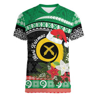Vanuatu Pig's Tusk Meri Krismas! Women V-Neck T-Shirt Vanuatuan Sand Drawing Pattern - Polynesian Pride