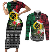 Vanuatu Pig's Tusk Meri Krismas! Couples Matching Short Sleeve Bodycon Dress and Long Sleeve Button Shirt Vanuatuan Ancient Art Spirit LT9 Black - Polynesian Pride