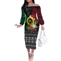 Vanuatu Pig's Tusk Meri Krismas! Off The Shoulder Long Sleeve Dress Vanuatuan Ancient Art Spirit LT9 Women Black - Polynesian Pride