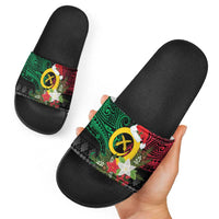 Vanuatu Pig's Tusk Meri Krismas! Slide Sandals Vanuatuan Ancient Art Spirit - Polynesian Pride