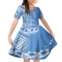 Kosrae Constitution Day Personalised Family Matching Short Sleeve Bodycon Dress and Hawaiian Shirt Kusaie Hook Tattoo Special Polynesian Pattern LT9 Daughter's Dress Blue - Polynesian Pride