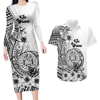 Ia Orana Tahiti Personalised Couples Matching Long Sleeve Bodycon Dress and Hawaiian Shirt French Polynesia Hook Tattoo Special White Color LT9