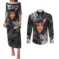 New Zealand Custom Women's Day Couples Matching Puletasi and Long Sleeve Button Shirt Maori Girl Feathers of Hope - Black LT9 Black - Polynesian Pride