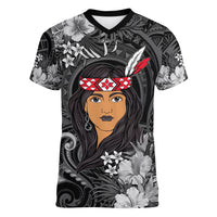 New Zealand Custom Women's Day Women V Neck T Shirt Maori Girl Feathers of Hope - Black LT9 Female Black - Polynesian Pride