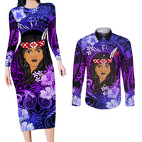 New Zealand Custom Women's Day Couples Matching Long Sleeve Bodycon Dress and Long Sleeve Button Shirt Maori Girl Feathers of Hope - Purple LT9 Purple - Polynesian Pride