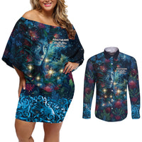 New Zealand Matariki Pohutukawa Couples Matching Off Shoulder Short Dress and Long Sleeve Button Shirt Te Mauri te Ora LT9 Art - Polynesian Pride
