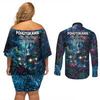New Zealand Matariki Pohutukawa Couples Matching Off Shoulder Short Dress and Long Sleeve Button Shirt Te Mauri te Ora LT9 - Polynesian Pride
