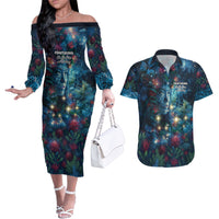 New Zealand Matariki Pohutukawa Couples Matching Off The Shoulder Long Sleeve Dress and Hawaiian Shirt Te Mauri te Ora LT9 Art - Polynesian Pride