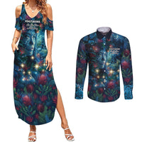 New Zealand Matariki Pohutukawa Couples Matching Summer Maxi Dress and Long Sleeve Button Shirt Te Mauri te Ora LT9 Art - Polynesian Pride
