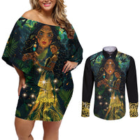 New Zealand Matariki Couples Matching Off Shoulder Short Dress and Long Sleeve Button Shirt Rongo Mori Wellbeing and Good Luck LT9 Art - Polynesian Pride