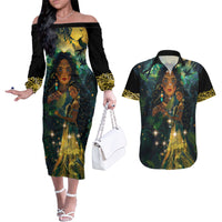 New Zealand Matariki Couples Matching Off The Shoulder Long Sleeve Dress and Hawaiian Shirt Rongo Mori Wellbeing and Good Luck LT9 Art - Polynesian Pride