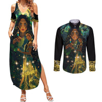 New Zealand Matariki Couples Matching Summer Maxi Dress and Long Sleeve Button Shirt Rongo Mori Wellbeing and Good Luck LT9 Art - Polynesian Pride