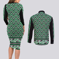 New Zealand Maori Niho Taniwha Couples Matching Long Sleeve Bodycon Dress and Long Sleeve Button Shirt Kakariki Mangopare and Puhoro Pattern LT9 - Polynesian Pride