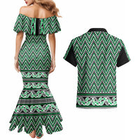 New Zealand Maori Niho Taniwha Couples Matching Mermaid Dress and Hawaiian Shirt Kakariki Mangopare and Puhoro Pattern LT9 - Polynesian Pride