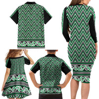 New Zealand Maori Niho Taniwha Family Matching Long Sleeve Bodycon Dress and Hawaiian Shirt Kakariki Mangopare and Puhoro Pattern LT9 - Polynesian Pride