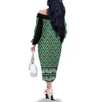 New Zealand Maori Niho Taniwha Family Matching Off The Shoulder Long Sleeve Dress and Hawaiian Shirt Kakariki Mangopare and Puhoro Pattern LT9 - Polynesian Pride