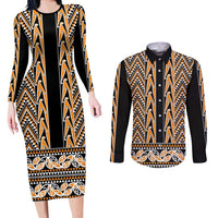 New Zealand Maori Niho Taniwha Couples Matching Long Sleeve Bodycon Dress and Long Sleeve Button Shirt Karaka Mangopare and Puhoro Pattern LT9 Gold - Polynesian Pride