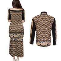 New Zealand Maori Niho Taniwha Couples Matching Puletasi and Long Sleeve Button Shirt Karaka Mangopare and Puhoro Pattern