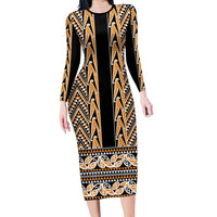 New Zealand Maori Niho Taniwha Family Matching Long Sleeve Bodycon Dress and Hawaiian Shirt Karaka Mangopare and Puhoro Pattern LT9 Mom's Dress Gold - Polynesian Pride