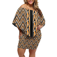 New Zealand Maori Niho Taniwha Family Matching Off Shoulder Short Dress and Hawaiian Shirt Karaka Mangopare and Puhoro Pattern LT9 Mom's Dress Gold - Polynesian Pride