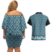 New Zealand Maori Niho Taniwha Couples Matching Off Shoulder Short Dress and Hawaiian Shirt Kikorangi Mangopare and Puhoro Pattern LT9 - Polynesian Pride