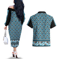 New Zealand Maori Niho Taniwha Couples Matching Off The Shoulder Long Sleeve Dress and Hawaiian Shirt Kikorangi Mangopare and Puhoro Pattern LT9 - Polynesian Pride