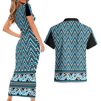 New Zealand Maori Niho Taniwha Couples Matching Short Sleeve Bodycon Dress and Hawaiian Shirt Kikorangi Mangopare and Puhoro Pattern LT9 - Polynesian Pride