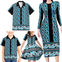 New Zealand Maori Niho Taniwha Family Matching Long Sleeve Bodycon Dress and Hawaiian Shirt Kikorangi Mangopare and Puhoro Pattern LT9 - Polynesian Pride