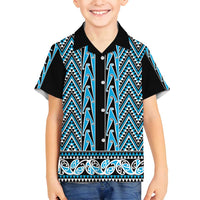 New Zealand Maori Niho Taniwha Family Matching Off Shoulder Short Dress and Hawaiian Shirt Kikorangi Mangopare and Puhoro Pattern LT9 Son's Shirt Blue - Polynesian Pride