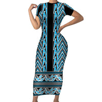 New Zealand Maori Niho Taniwha Family Matching Short Sleeve Bodycon Dress and Hawaiian Shirt Kikorangi Mangopare and Puhoro Pattern LT9 Mom's Dress Blue - Polynesian Pride