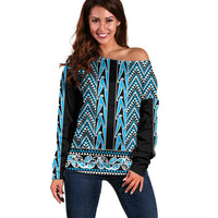 New Zealand Maori Niho Taniwha Off Shoulder Sweater Kikorangi Mangopare and Puhoro Pattern LT9 Women Blue - Polynesian Pride