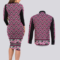 New Zealand Maori Niho Taniwha Couples Matching Long Sleeve Bodycon Dress and Long Sleeve Button Shirt Mawhero Mangopare and Puhoro Pattern LT9 - Polynesian Pride
