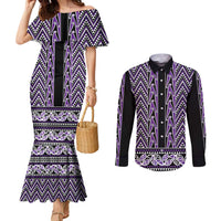 New Zealand Maori Niho Taniwha Couples Matching Mermaid Dress and Long Sleeve Button Shirt Waiporopo Mangopare and Puhoro Pattern LT9 Purple - Polynesian Pride