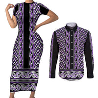 New Zealand Maori Niho Taniwha Couples Matching Short Sleeve Bodycon Dress and Long Sleeve Button Shirt Waiporopo Mangopare and Puhoro Pattern LT9 Purple - Polynesian Pride