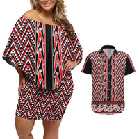 New Zealand Maori Niho Taniwha Couples Matching Off Shoulder Short Dress and Hawaiian Shirt Whero Mangopare and Puhoro Pattern LT9 Red - Polynesian Pride
