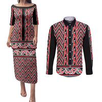 New Zealand Maori Niho Taniwha Couples Matching Puletasi and Long Sleeve Button Shirt Whero Mangopare and Puhoro Pattern