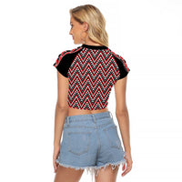 New Zealand Maori Niho Taniwha Raglan Cropped T Shirt Whero Mangopare and Puhoro Pattern