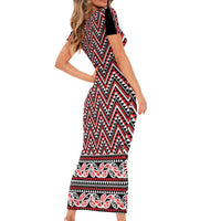 New Zealand Maori Niho Taniwha Short Sleeve Bodycon Dress Whero Mangopare and Puhoro Pattern